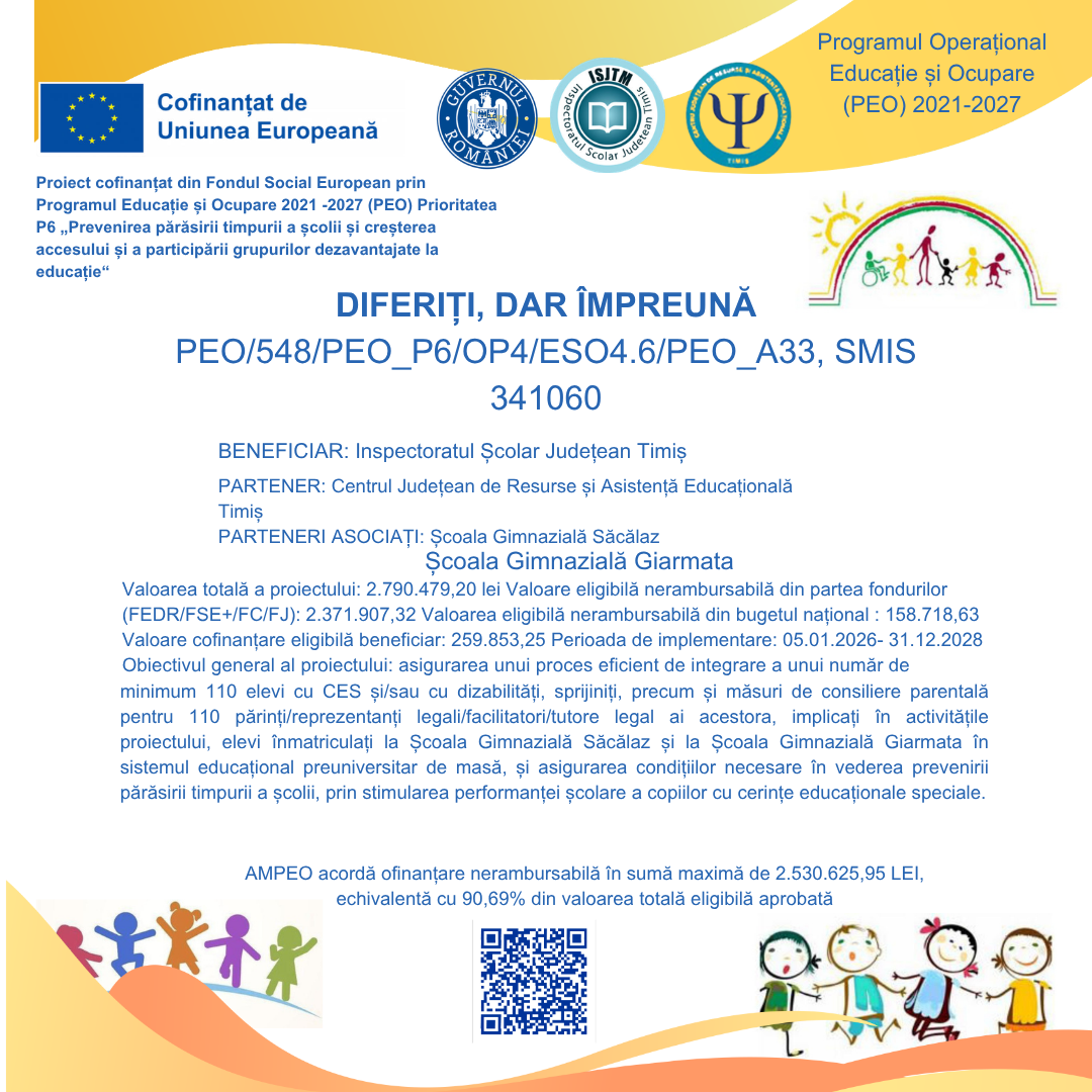 Afișul proiectului Diferiți, dar împreună – PEO, cod SMIS 341060